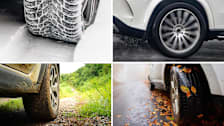 A quadrant of images showing tires in snowy, rainy, muddy and autumn road conditions.