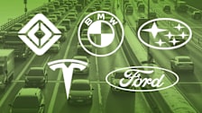 photo illustration of Rivian, BMW, Subaru, Tesla and Ford logos with highway of cars tinted green in background