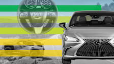 photo illustration of Toyota 4Runner, Lexus ES, and steering wheel of Mazda3 with graphic horizontal lines and road with wooded area tinted grey in background