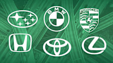Subaru, BMW, Porsche, Honda, Toyota, and Lexus logos on background of tinted green overhead view of highway overpasses