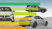 photo illustration of Toyota 4Runner, Lexus IS, and BMW 2 Series with graphic horizontal lines and desert landscape in background