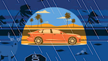 Illustration of an Orange sedan driving through stormy weather with rain, wind, and deer nearby.