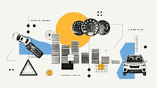 Photo Illustration showing cars, speedometers, and bar charts about car insurance savings and mileage.