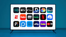 AMC+, Apple TV, The Criterion Channel, DirecTV Stream, Discovery+, Disney+, ESPN+, Fubo, Hulu, Hbo Max, Netflix, Paramount+, Peacock, Philo, Amazon Prime Video, Sling, Tubi, and YouTube TV Streaming app icons on TV screen.