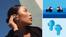 grid of person wearing Beats by Dr. Dre Beats Fit Pro earbuds, Sennheiser CX Plus earbuds, and Skullcandy Dime 2 True Wireless earbuds