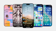 five iPhones, each showing a different feature in the iOS update, on grey background