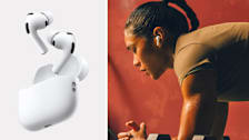 A woman in a plank exercise position wearing Apple AirPods Pro 3 next to an image of the product.