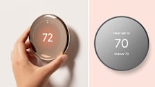 split image of hand adjusting setting on Google Nest Learning Thermostat and Google Nest Thermostat on pink background