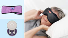 grid with Perytong and Ozlo sleep headphones on light blue backgrounds and person wearing Manta Sound Sleep Box while laying on pillow