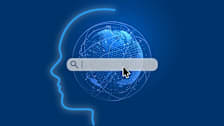Digital illustration showing the profile of a face with a globe acting as the "brain". A search bar sits over the globe.