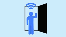 Illustration of a person coming through a door waving with a wifi symbol over their head.
