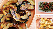 Recipes shown clockwise from top right: Green Beans With Almonds and Smoked Paprika, Braised Fingerling Potatoes With Rosemary, and Maple Squash Slices