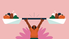 illustration of person holding weights above their head with each side filled with apples, chicken legs, lettuce, milk, and protein powder