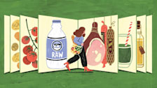 illustration of person walking in front of pages showing deli meat, raw milk, green smoothie, oil, tomatoes, and potatoes