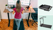 A woman using an under-desk treadmill while she works on a stand-up desk and two examples of under-desk treadmills , the WalkingPad Z3 Hybrid+ (top), and WalkingPad R3 Hybrid+ (bottom)