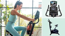 Clockwise from left: A woman using the Schwinn 190 exercise bike, detail of the display screen on the Spirit XBU55 exercise bike, and the 3G Cardio UBX exercise bike.