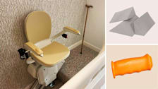 Clockwise from left: home interior showing the top of a stair well with a stairlift and a cane leaning on a wall, three triangular wedges, bright orange grip.