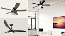 grid with Honeywell Carnegie 52" Ceiling Fan (50614) and MinkaAire Light Wave 52" Ceiling Fan on beige backgrounds and Westinghouse Comet Indoor 52" Ceiling Fan in living room with sunset photo wall art and couch