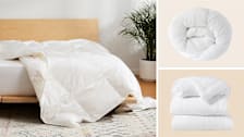 Brooklinen Down Comforter on bed, Quince Premium Down Alternative Comforter (All Season), and Buffy Cloud Comforter