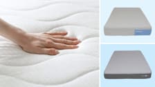 Closeup of a person's hand on a mattress, Casper Dream Max mattress, and Sleep Number p6 smart bed