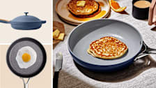 collage with Our Place Always Pan 2.0, Oxo Ceramic Professional Non-Stick frying pan, and Caraway Ceramic-Coated Non-Stick frying pan with pancake in pan and plate of pancakes with butter in background