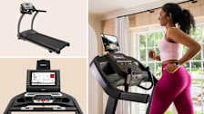 grid with True M50 and Sole TT8 treadmills on beige backgrounds and person in pink workout clothing running on Horizon 7.0 AT treadmill