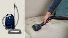 split image of Miele Complete C3 Marin bagged canister vacuum on beige background and person using attachment of Kenmore Elite Pet Friendly 31150 bagged upright vacuum to clean dog hair off of beige couch