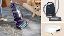 grid of three images showing Shark PowerDetect AZ4002 vacuuming dog hair with dog on dog bed in background, Miele Complete C3 Marin on beige background, and iRobot Roomba Max 705 on beige background