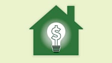 An illustration of a  lightbulb with a filament in the shape of a dollar sign inside the shape of a home.