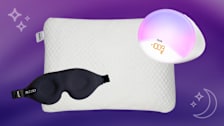 from left: Mzoo Sleep Mask, StyleWell (Home Depot) Cooling Memory Foam with Removable Bamboo Cover Pillow, iHome Zenergy Sunrise Bedside Therapy Machine