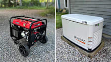 split image with Predator portable generator on left and Generac standby generator on right, both on gravel