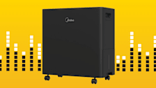black Midea MAD50PS1AWBL dehumidifier on yellow background with sound bars at different volume levels