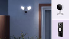 Clockwise from left: Blink Wired Floodlight Cam, Eufy Indoor Cam C120, TP-Link Tap D225 video doorbell.