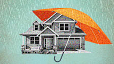 A photo illustration of a large umbrella covering a home protecting it from the rain.