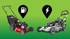 Top-rated Toro gasoline-powered mower next to an Ego electric-powered mower