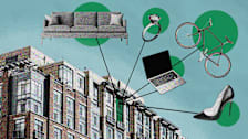 A photo illustration of a number of personal items highlighted in green coming out a window of an apartment building.