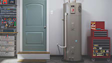 Rheem ProTerra heat pump water heater seen in a garage setting.