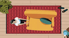 illustration of older woman tugging on arm of an large chair