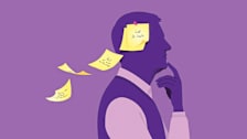 Illustration of man thinking with post-it notes flying from his head