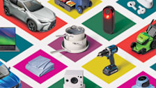 Various consumer products like electronics, tools, kitchenware, and vehicles arranged on colorful diamonds.