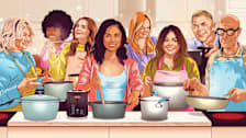 Celebrities cooking in one kitchen including Martha Stewart, Tabitha Brown, Drew Barrymore, Ayesha Curry, Ree Drummond, Rachel Ray, Bobby Flay and Stanley Tucci