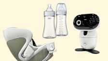 Chicco baby bottles, a BabyArk car seat, and a Motorola baby monitor on a yellow background.