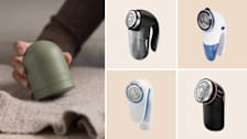 Person using Steamery fabric shaver on sweater, Super Lint, Mainstays, Conair, and Philips fabric shavers