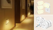 grid with ZISUYU 2-Pack Dimmable Motion Sensor LED set up in hallway of home, and AUVON Night Light Plug-in with Motion Sensor and Lightbiz 6PCS Step Light with Remote lights on beige backgrounds