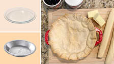Pyrex and USA pie plated, Staub pie plate with pie and ingredients