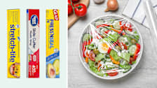 Stretch-Tite, Great Value, Glad plastic wraps with salad bowl covered with plastic wrap