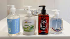 Hand soaps from Target, Walmart, Trader Joe's, Aldi on a bathroom sink