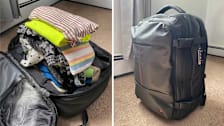 split of Vacpack open with piles of clothes on top and showing it closed after items are compressed into the bag