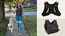 grid of three images (person walking dog in suburban neighborhood while wearing Hyperwear weighted vest, All in Motion Weighted Vest, and CAP Short Adjustable Weighted Vest