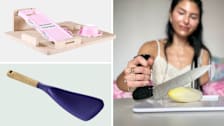 Clockwise from top left: One-handed cutting board, the writer Chloé Valentine using the Swedish Steak Knife, and the Spoonula.
